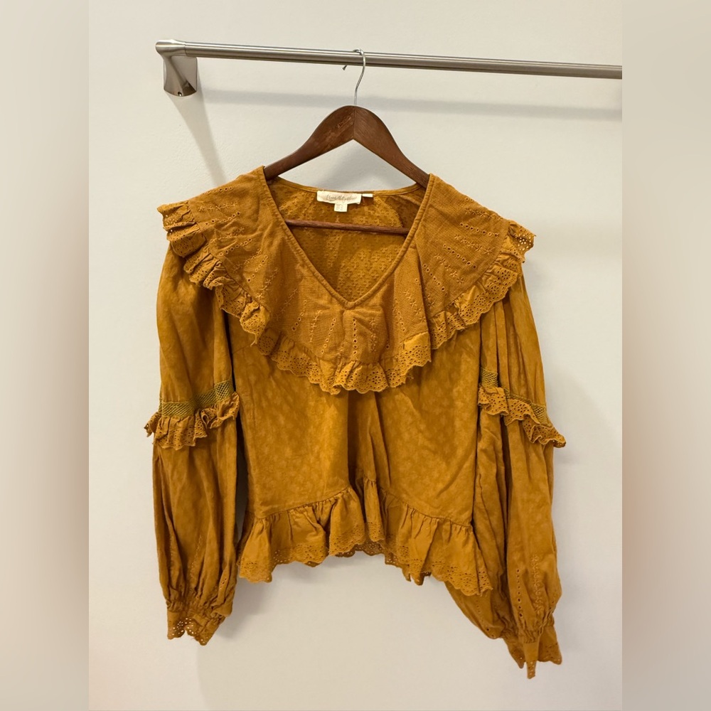 Forever That Girl from Anthropologie Mustard Ruffle Eyelet V-Neck Blouse